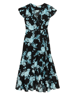 

Womens Per Una Ditsy Floral V-Neck Midi Wrap Dress - Black Mix, Black Mix