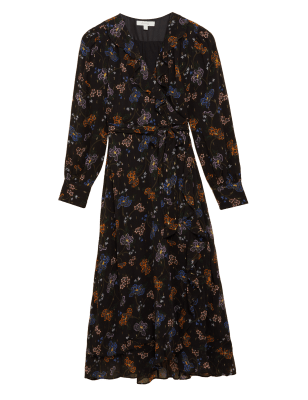 

Womens Per Una Floral V-Neck Frill Detail Midi Wrap Dress - Black Mix, Black Mix