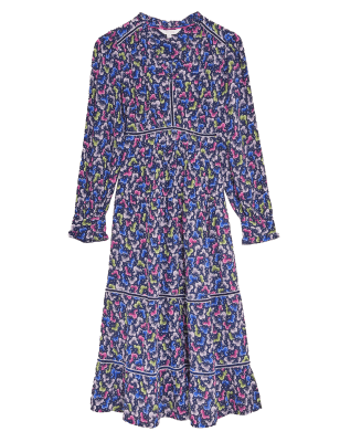 

Womens Per Una Geblümtes Midi-Stufenkleid mit V-Ausschnitt - Navy Mix, Navy Mix