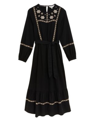 

Womens Per Una Pure Cotton Embroidered Midaxi Tiered Dress - Black Mix, Black Mix