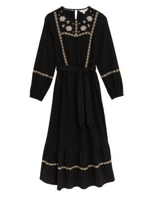 

Womens Per Una Pure Cotton Embroidered Midaxi Tiered Dress - Black Mix, Black Mix