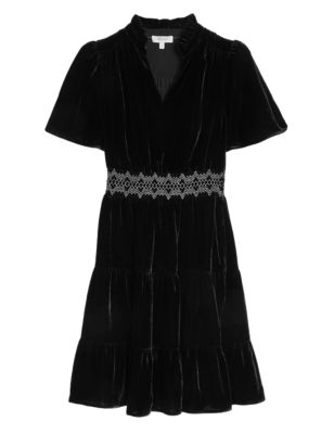 

Womens Per Una Velvet Embroidered V-Neck Waisted Dress - Black Mix, Black Mix