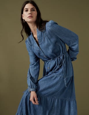 

Womens Per Una Denim V-Neck Midaxi Tiered Shirt Dress - Medium Indigo, Medium Indigo