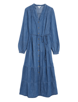 

Womens Per Una Shirt-Stufenkleid aus Denim in Midaxi-Länge mit V-Ausschnitt - Medium Indigo, Medium Indigo