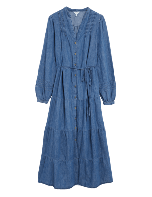 

Womens Per Una Denim V-Neck Midaxi Tiered Shirt Dress - Medium Indigo, Medium Indigo