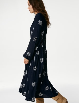 Floral Tie Neck Midi Waisted Dress - NZ