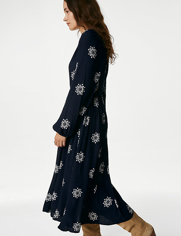 فستان ميدي بخصر وربطة عنق ونقشة زهور - QA