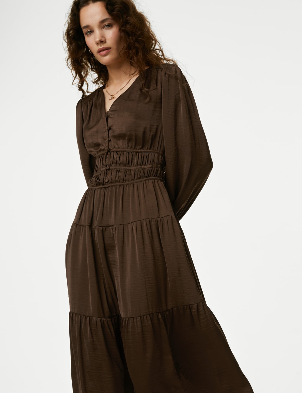 Satin V-Neck Midi Waisted Dress image 1