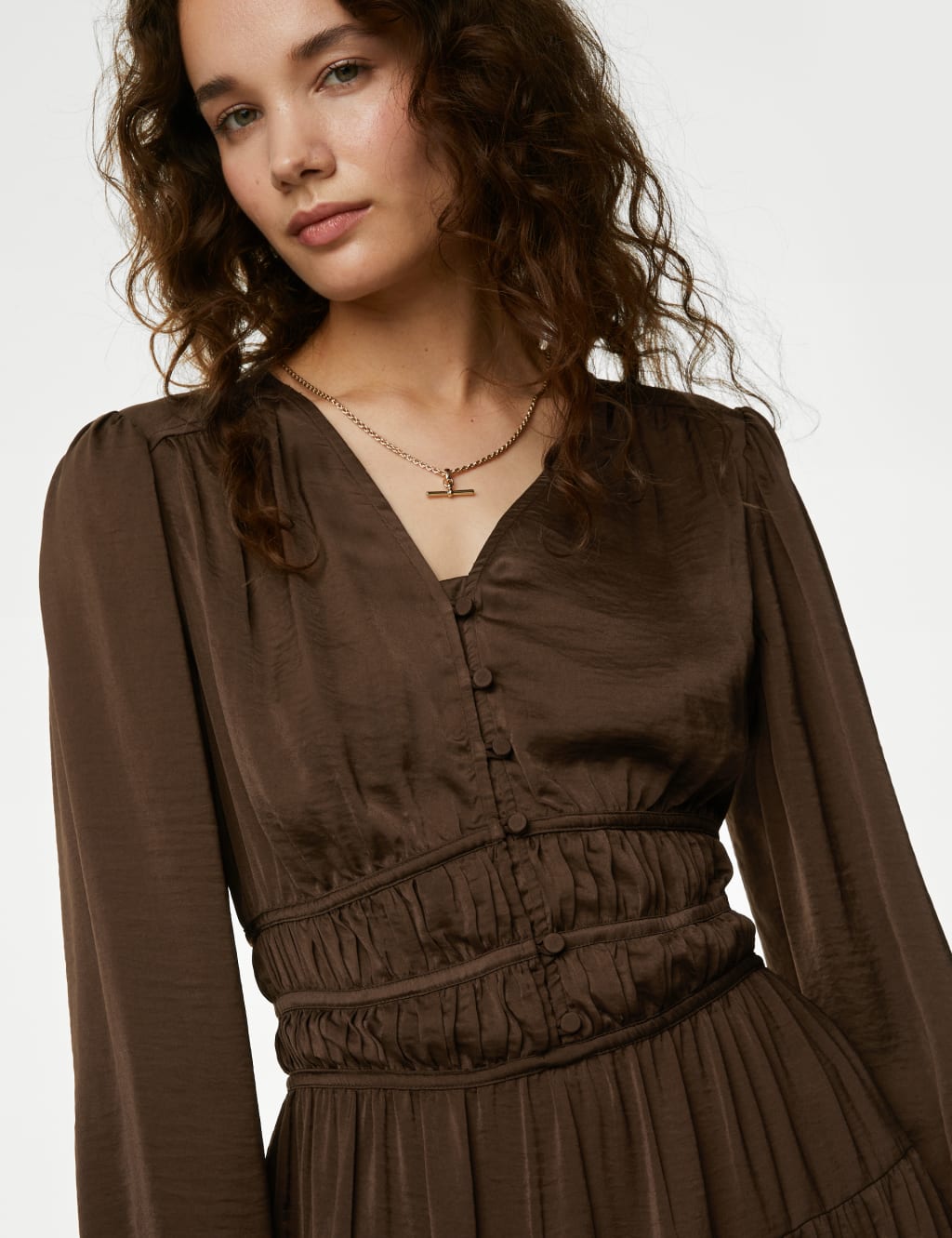Satin V-Neck Midi Waisted Dress image 4