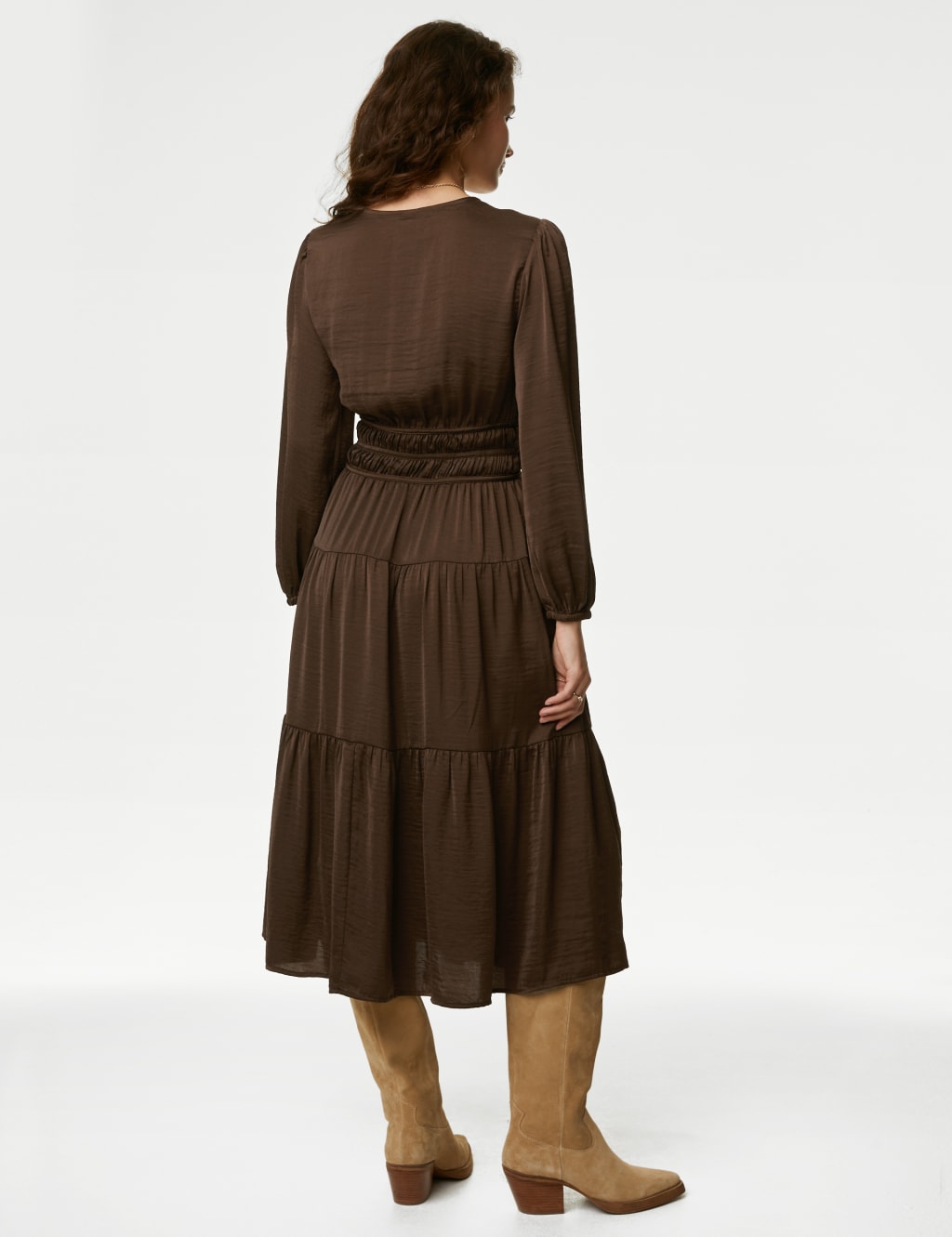 Satin V-Neck Midi Waisted Dress image 5
