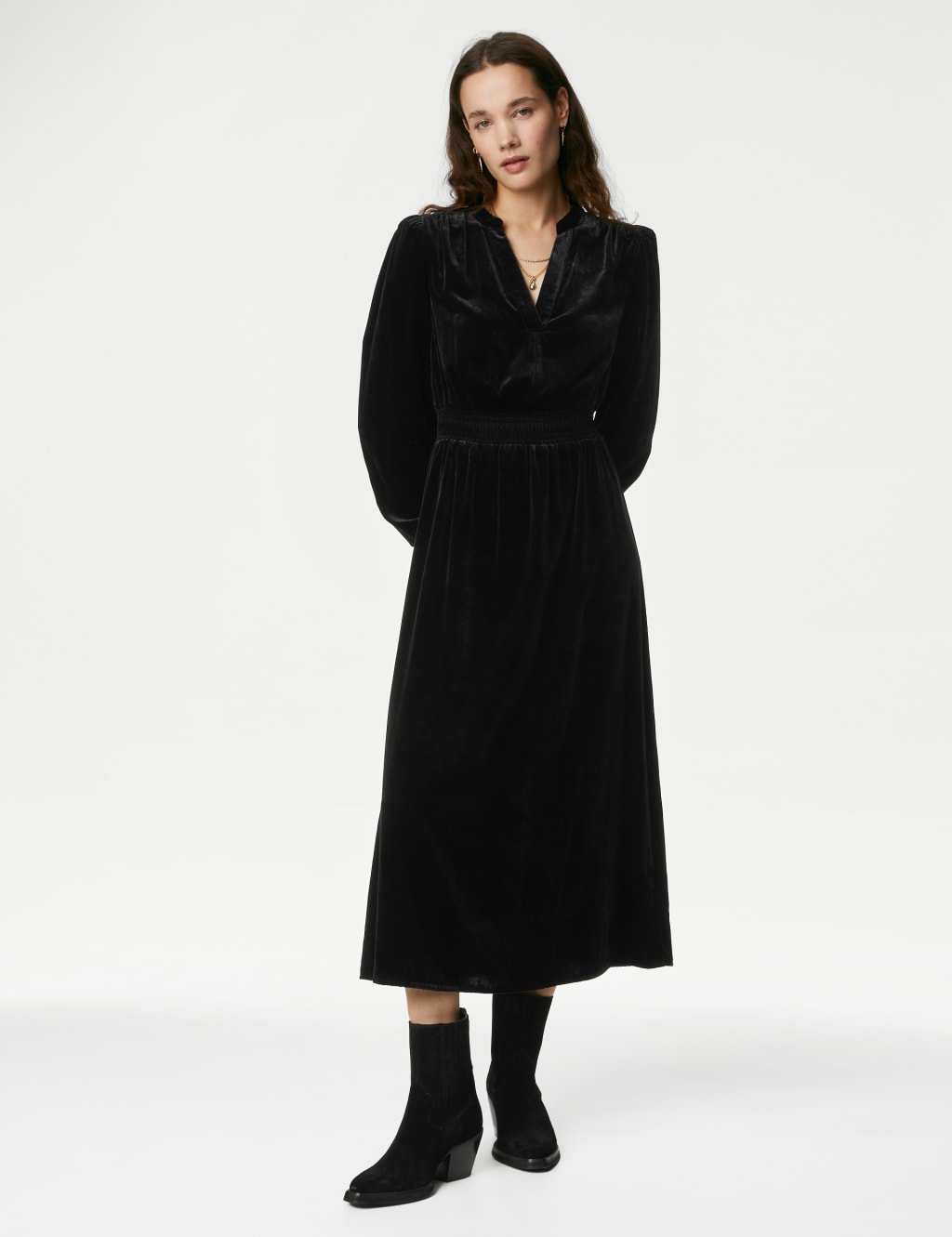 Velvet V-Neck Knee Length Waisted Dress image 4