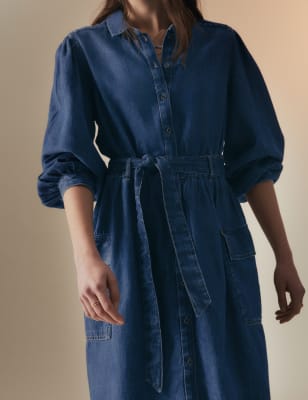 Per Una Women's Denim Collared Midi Utility Shirt Dress - 6SHT - Medium Indigo, Medium Indigo