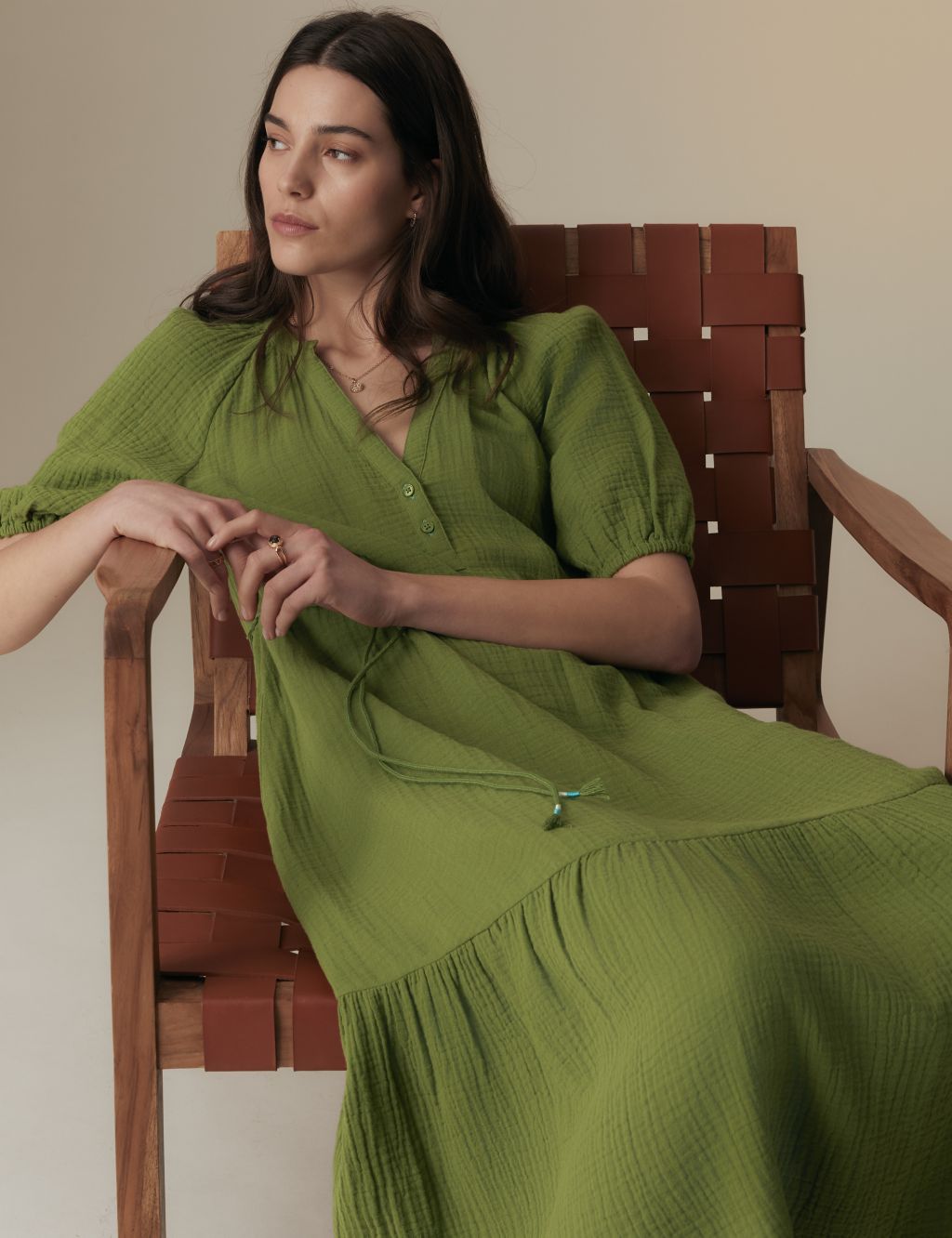 Olive Green Self Striped Cotton Tiered Midi Fit & Flare Dress –