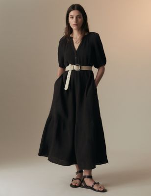 Per Una Womens Pure Cotton Textured Midi Tiered Dress - 10REG - Black, Black,Grass