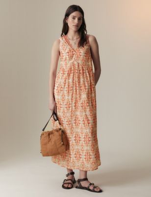 Per Una Women's Cupro Blend Printed V-Neck Tea Midi Dress - 6REG - Orange Mix, Orange Mix