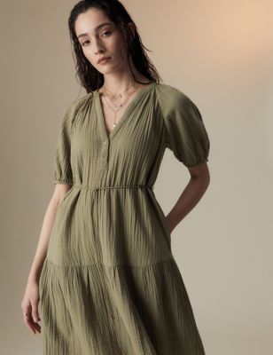 Per Una Womens Pure Cotton Textured Notch Neck Tiered Dress - 12SHT - Light Khaki, Light Khaki,Dark 