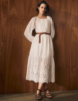 Per Una Womens Cotton Rich Broderie Midaxi Waisted Dress - 6SHT - Soft White, Soft White