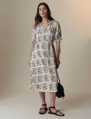 Linen Rich Geometric Notch Neck Smock Dress - MY