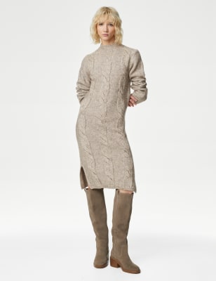 Cable Knit Midi Dress with Wool M S CA