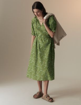Per Una Womens Pure Cotton Printed Midi Smock Relaxed Dress - 10SHT - Green Mix, Green Mix,Ecru Mix