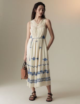 Pure Cotton Embroidered V-Neck Midi Dress - IT