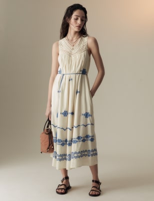 Pure Cotton Embroidered VNeck Midi Dress M&S SG