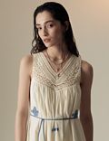 Pure Cotton Embroidered V-Neck Midi Dress