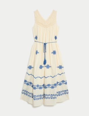 Pure Cotton Embroidered V-Neck Midi Dress