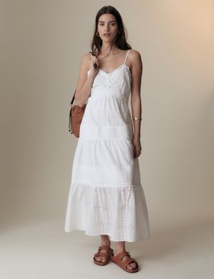 Per Una Women's Pure Cotton Broderie Strappy Midaxi Tiered Dress - 10REG - Soft White, Soft White