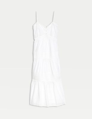Per Una Womens Pure Cotton Broderie Strappy Midaxi Tiered Dress - 10REG - Soft White, Soft White