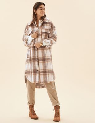 

Womens Per Una Checked Relaxed Longline Shacket with Wool - Beige Mix, Beige Mix
