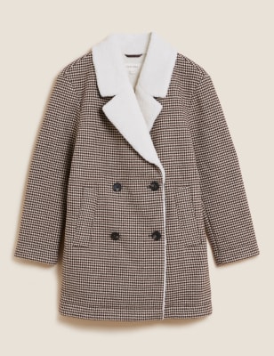 Per Una Checked Borg Lined Pea Coat with Wool - 6 - Brown Mix, Brown Mix