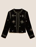 Velvet Embroidered Collarless Short Jacket