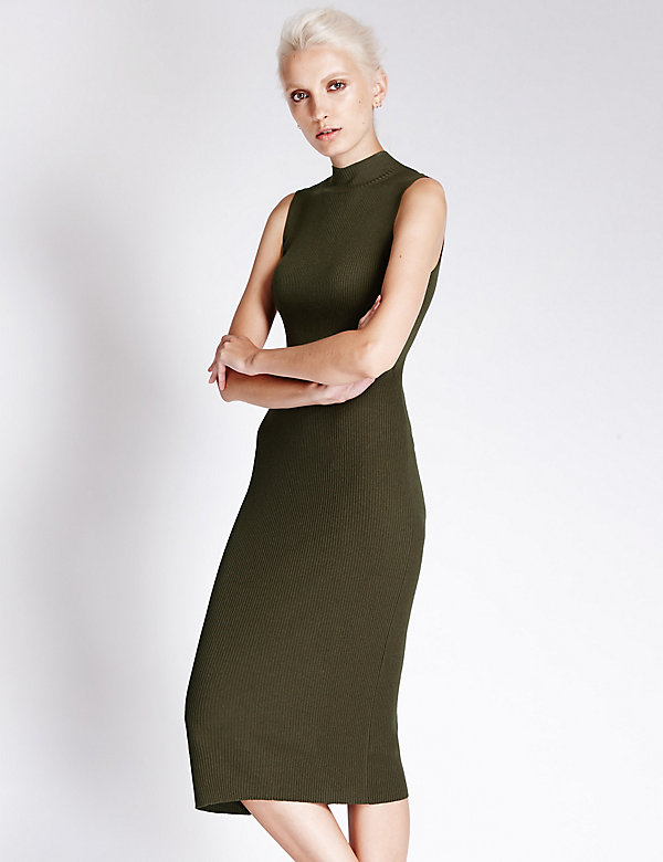 Funnel Neck Knitted Midi Dress - CA