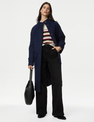 Wool Blend Funnel Neck Longline Coat