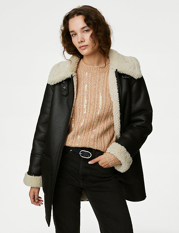 Faux Shearling Borg Lined Aviator Jacket - BE