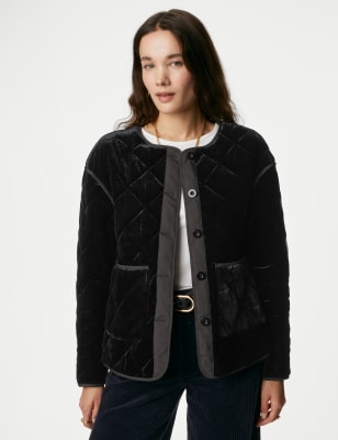 

Womens Per Una Velvet Quilted Collarless Jacket - Black, Black