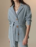 Cotton Rich Striped Belted Collared Jacket