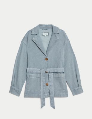 Cotton Rich Striped Belted Collared Jacket
