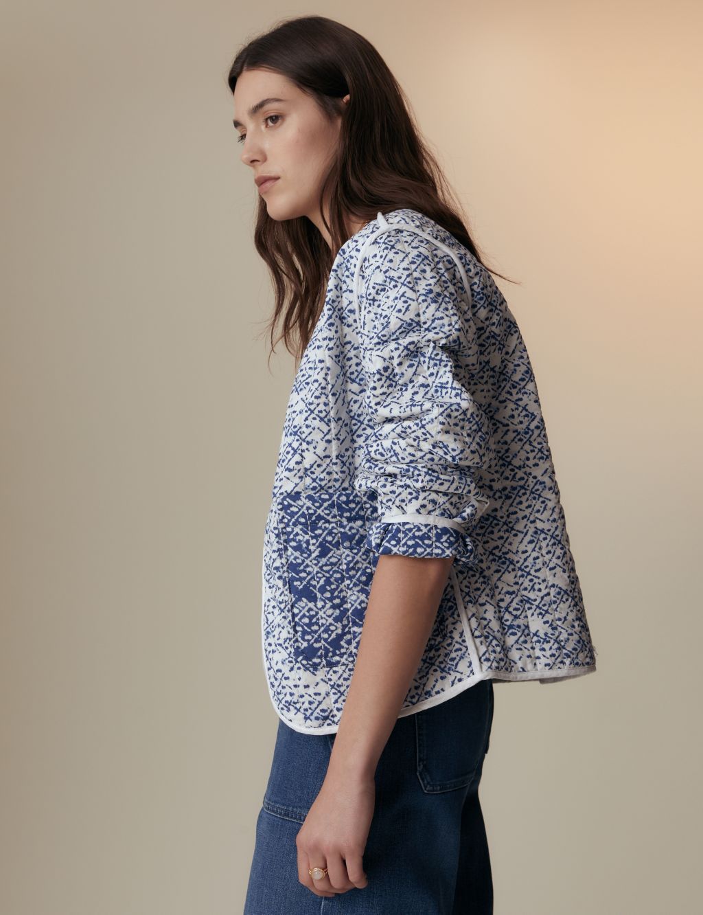 Printed Quilted Reversible Collarless Jacket