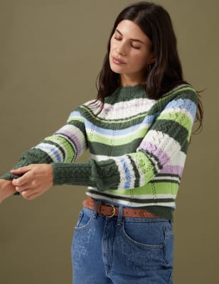 

Womens Per Una Pointelle Striped Jumper with Wool - Green Mix, Green Mix