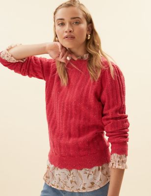 

Womens Per Una Pointelle Fitted Jumper with Wool - Lipstick, Lipstick
