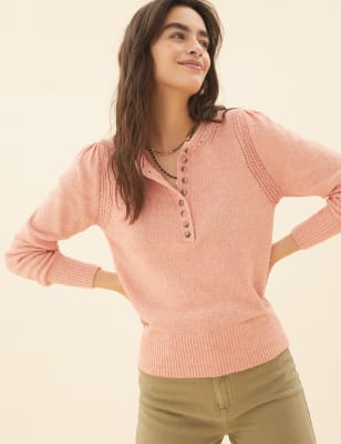 

Womens Per Una Cotton Rich Textured Button Detail Jumper - Faded Orange, Faded Orange