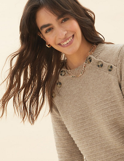 Textured Button Detail Jumper with Wool