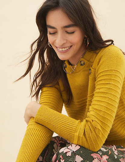 Textured Button Detail Jumper with Wool
