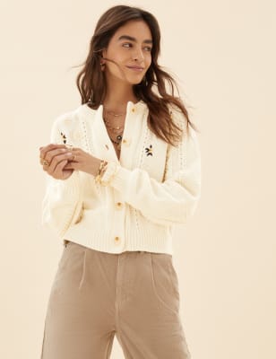 

Womens Per Una Strickjacke mit Zopfmuster und Stickerei - Ivory Mix, Ivory Mix