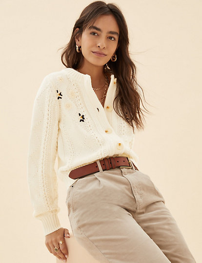 Cable Knit Embroidered Cardigan
