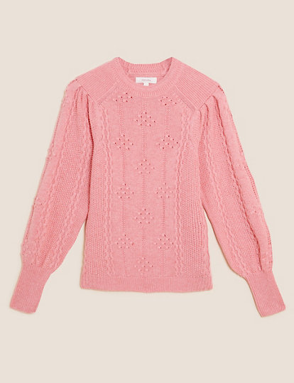 Textured Blouson Sleeve Jumper with Wool