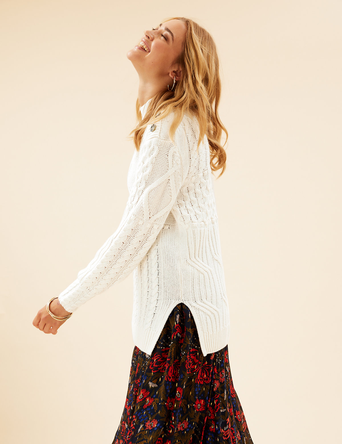 Cable Knit Longline Jumper with Wool