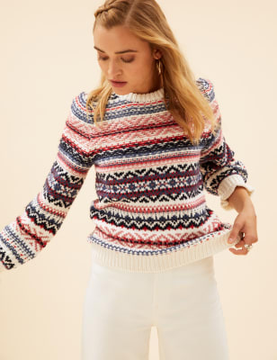 

Womens Per Una Pullover mit Norwegermuster, Blousonärmeln und Wollanteil - Ivory Mix, Ivory Mix